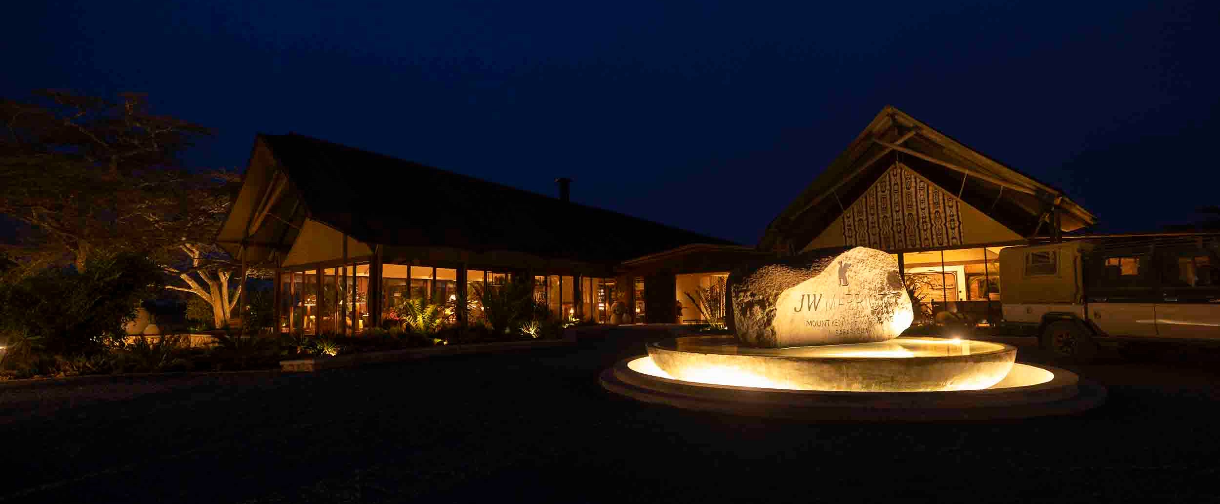 JW Marriott Mount Kenya Rhino Reserve Safari Camp at dusk, Solio Game Reserve