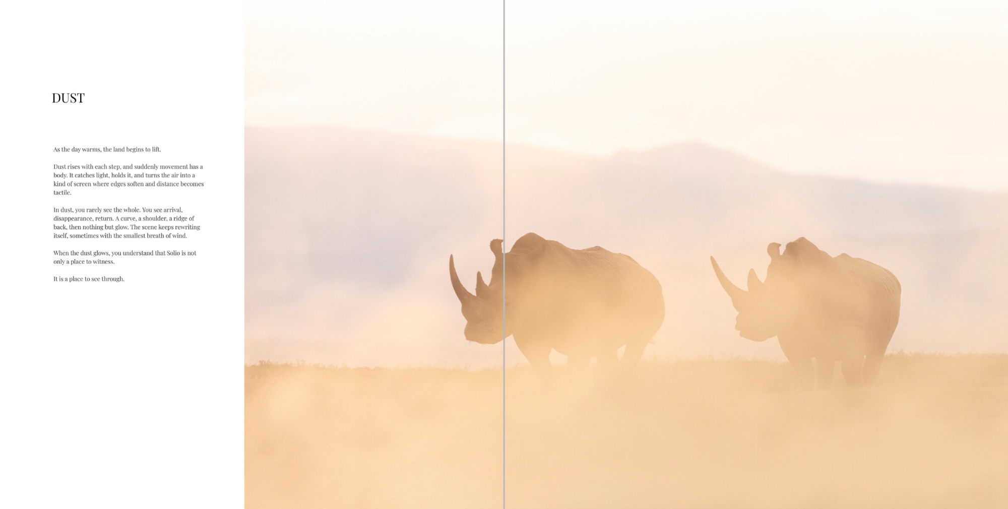 A spread from the Solio book, a chapter opening beside two rhinos in dust